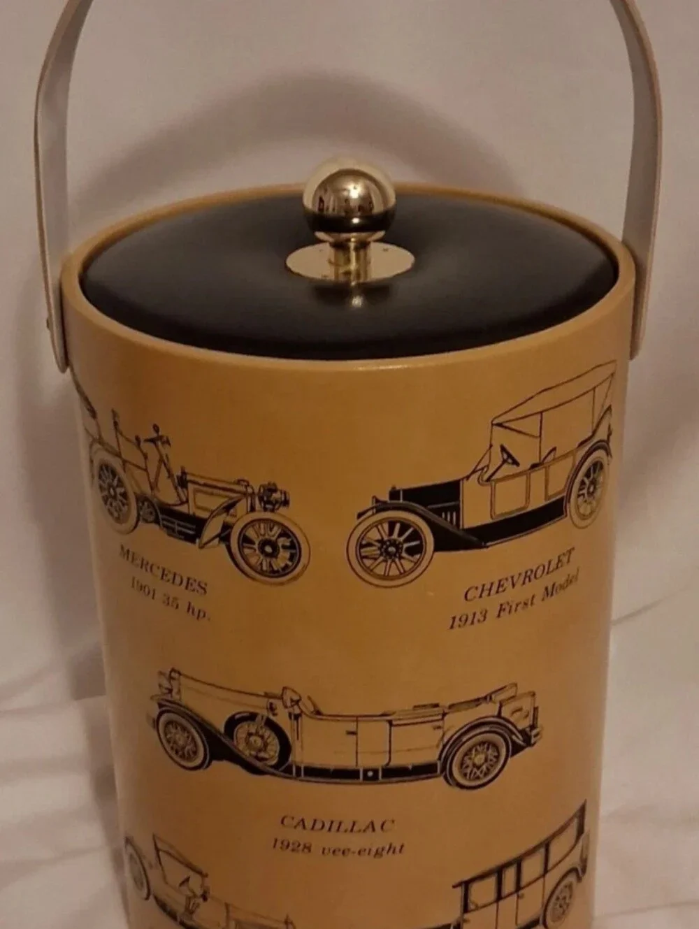 Vintage Automobile-Illustrated Ice Bucket MCM Classic Car Faux Leather Bar Caddy